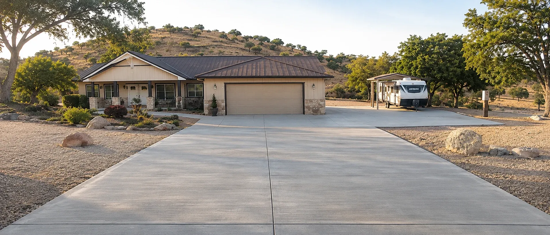 A wide new broom-finished concrete driveway leading to a ranch-style home, with an RV parked on its own concrete pad under a carport and dry oak-covered hills behind.