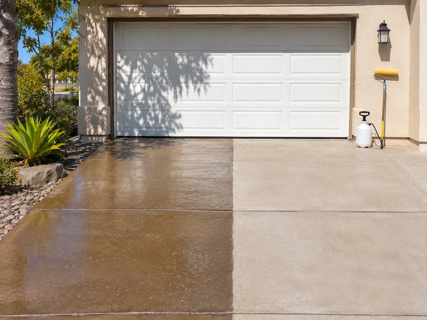 A driveway half sealed and half bare: the sealed side darker with a glossy sheen and water beading, the unsealed side pale and dry, with a sprayer and roller against the garage wall.