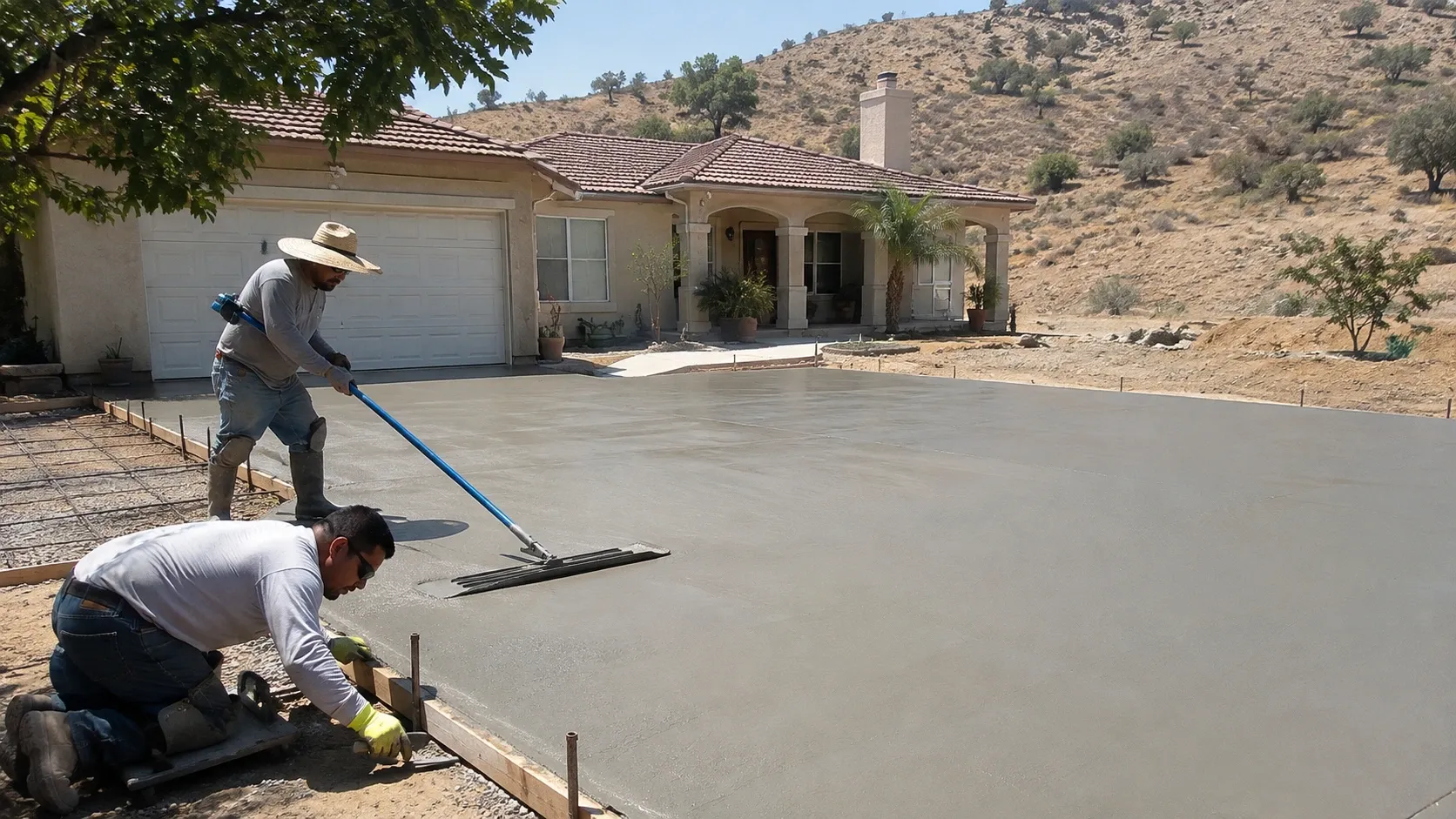 Two concrete finishers working a freshly poured driveway in front of a stucco ranch home, one pulling a bull float across the wet slab and one edging the form on a knee board, with dry hills behind.