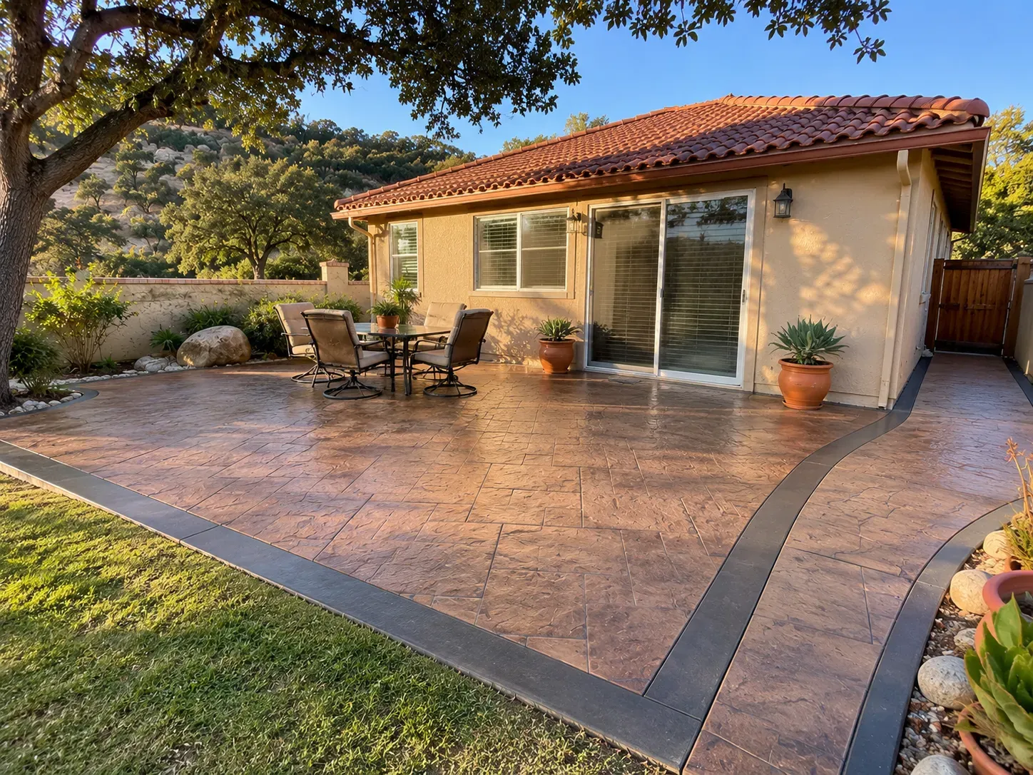 A finished stamped concrete patio in a warm ashlar-slate pattern with a charcoal border band and a matching walkway to the side gate, behind a stucco home with a tile roof.