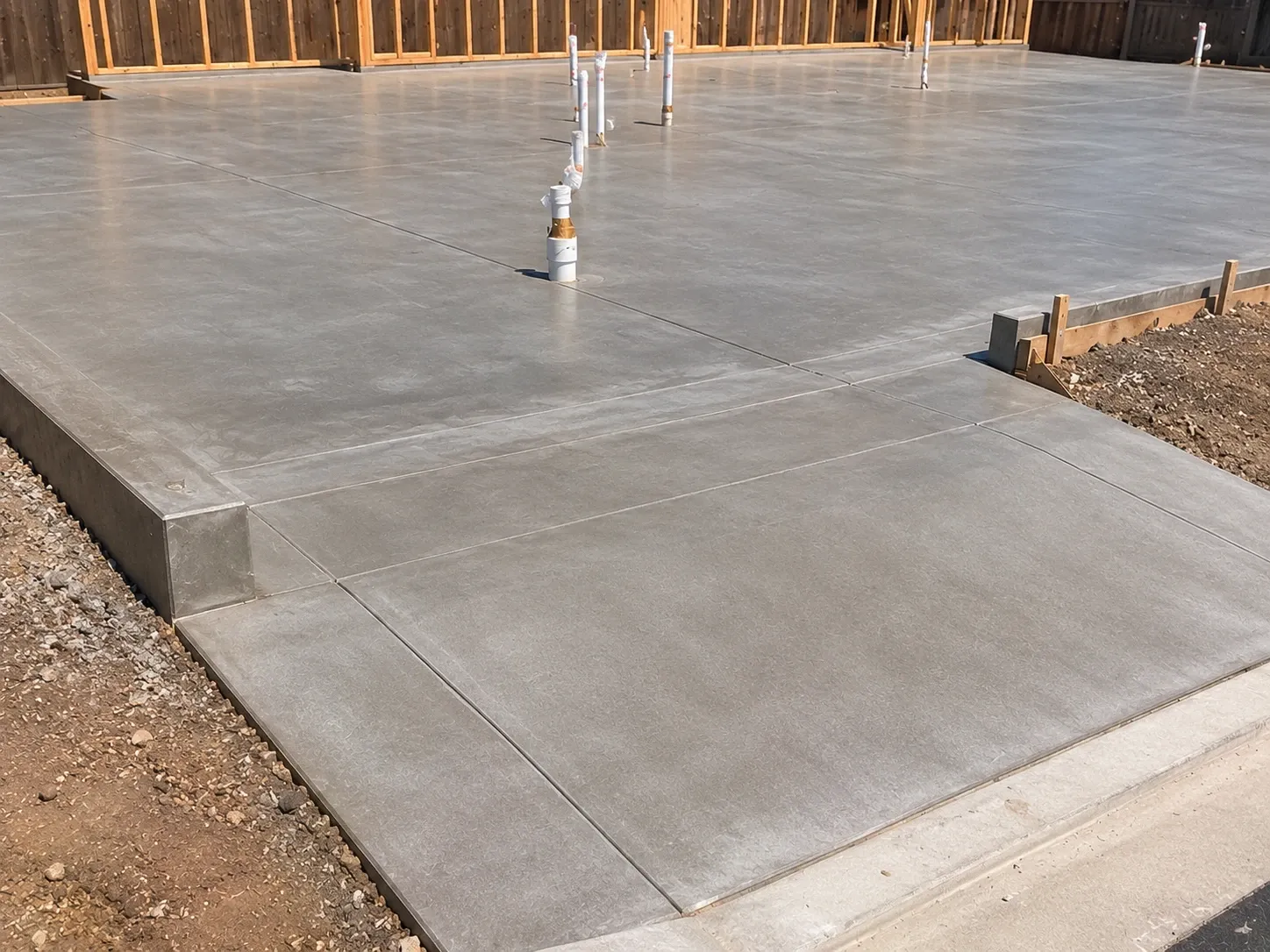 After: finished concrete foundation slab with saw-cut joints and plumbing stubs