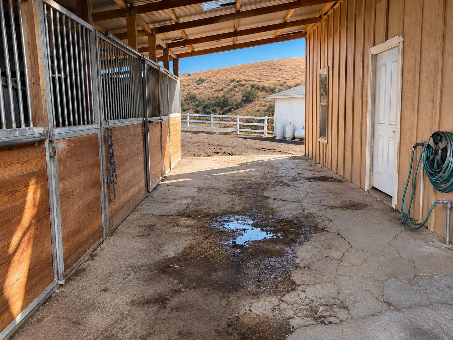 Before: cracked, stained concrete barn aisle with standing water beside the horse stalls