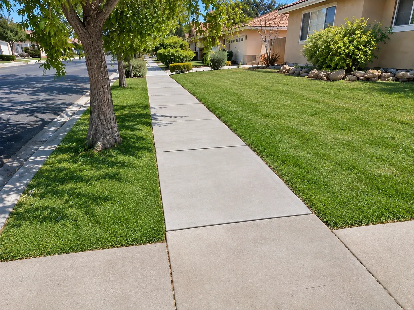 A clean concrete residential sidewalk with even panels and tooled joints running between a parkway lawn and front yards of stucco homes.