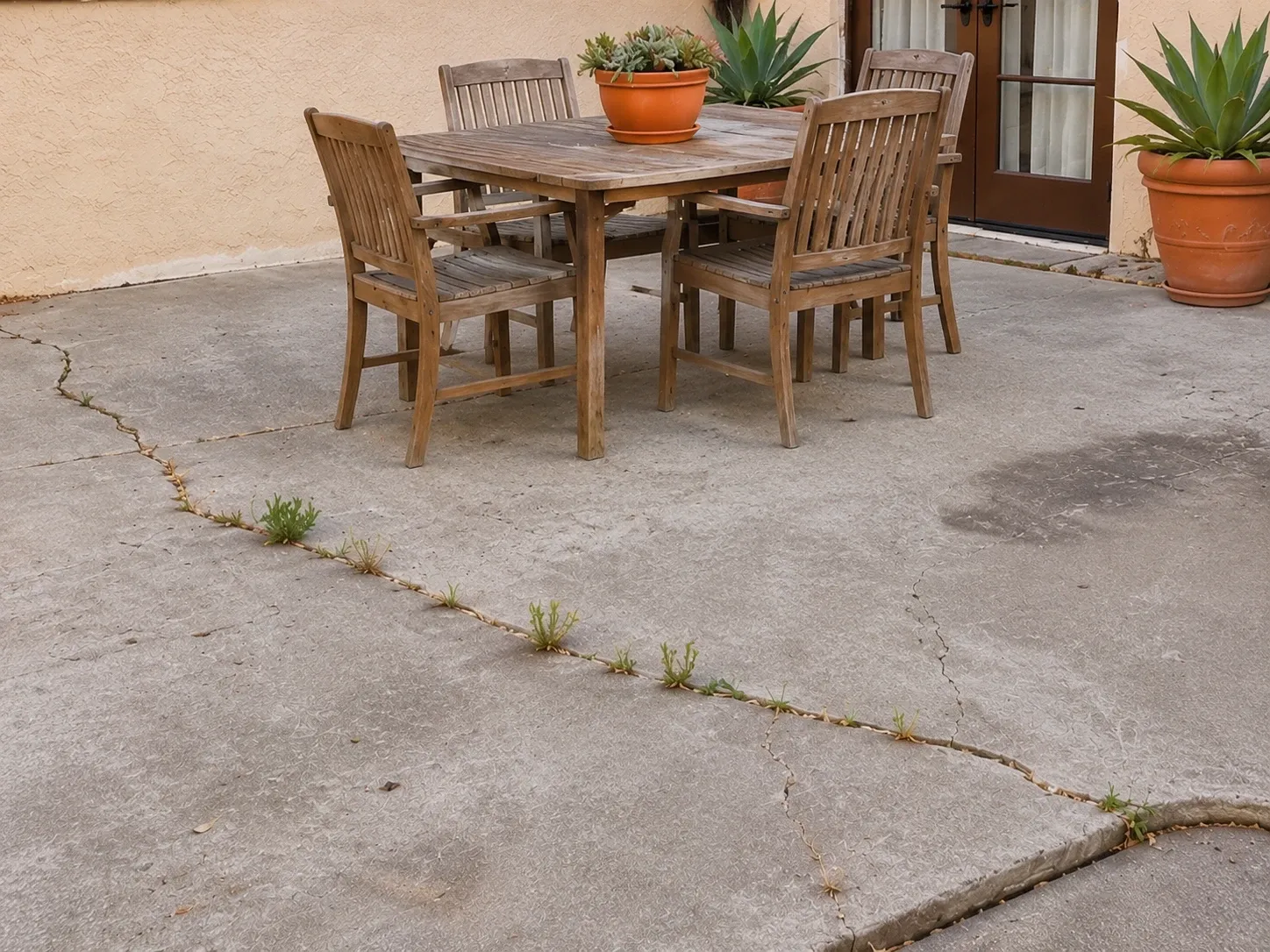 Before: old cracked concrete patio with weeds in the cracks beside a wooden table and chairs